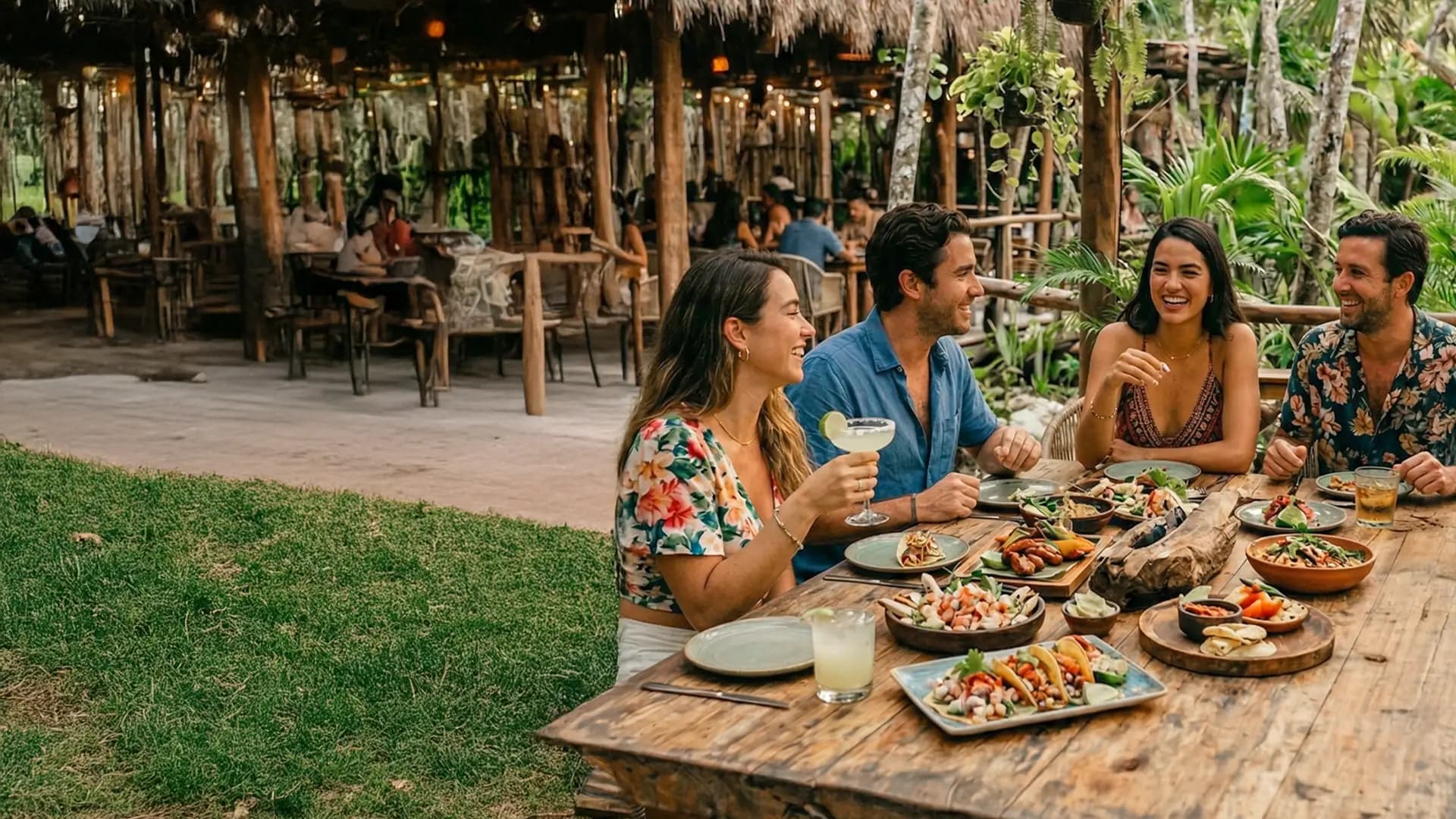 Tres personas comparten la mesa en un restaurante de techo de palma