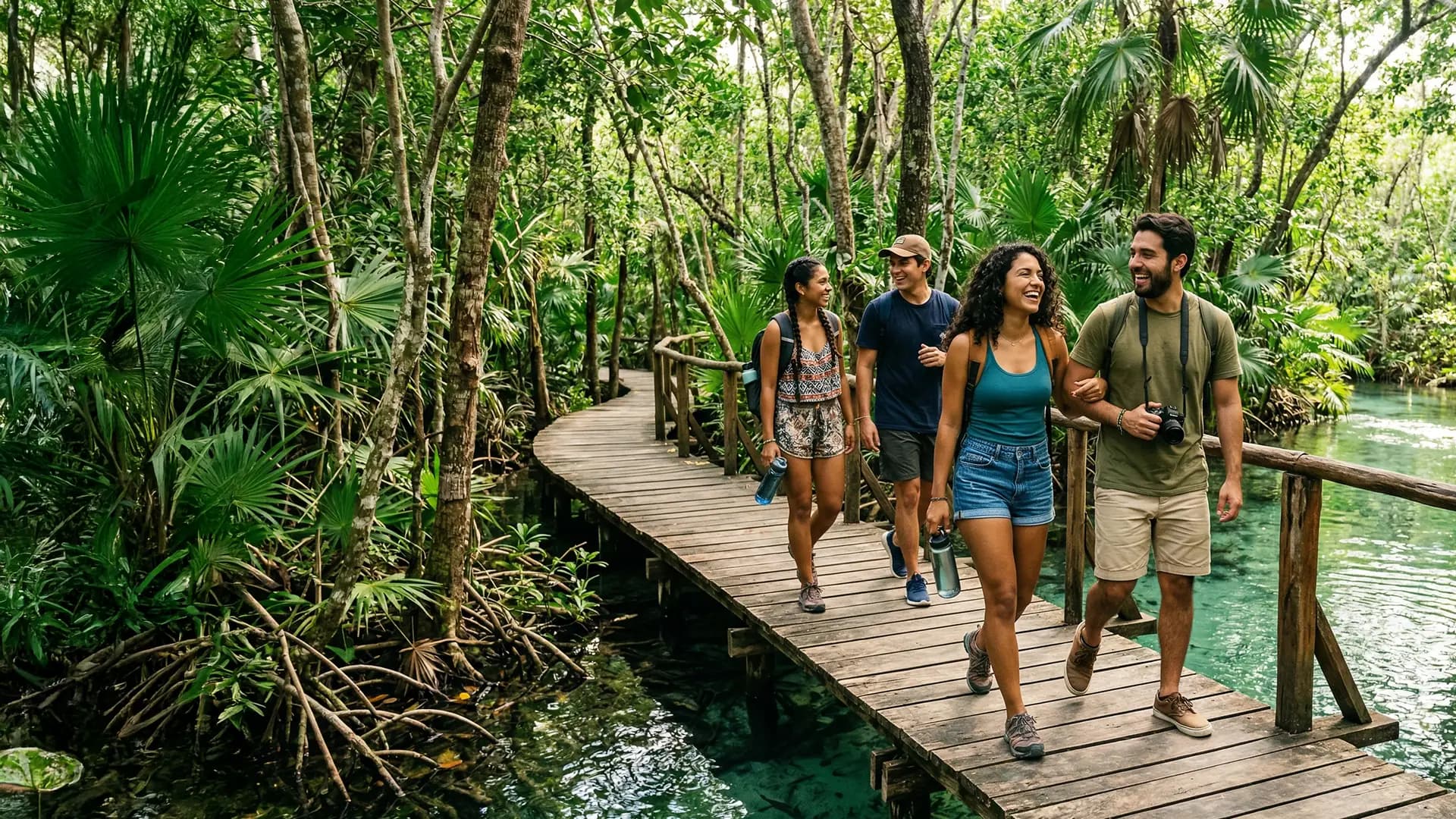 Un grupo camina por un sendero de madera entre la selva