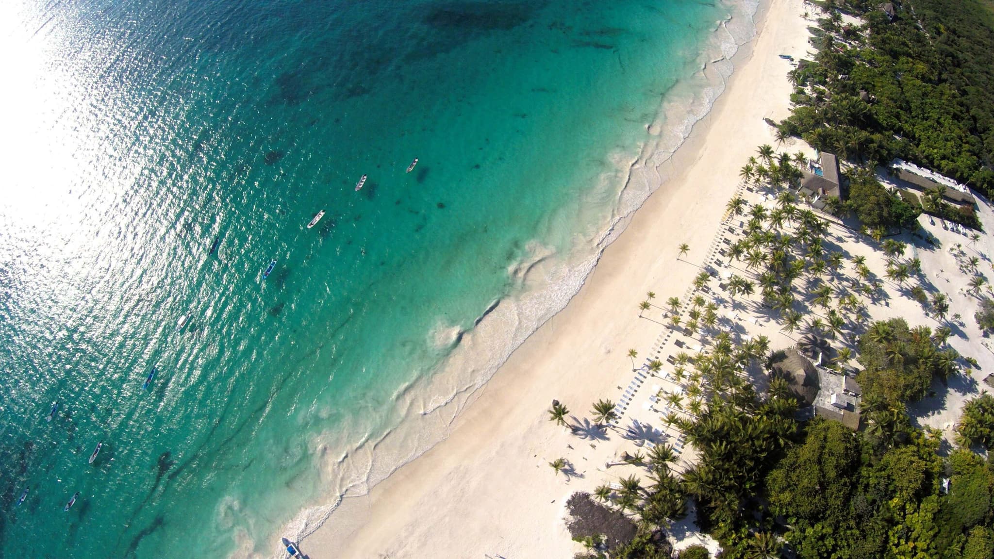 Vista aérea de una playa de arena blanca en la Riviera Maya
