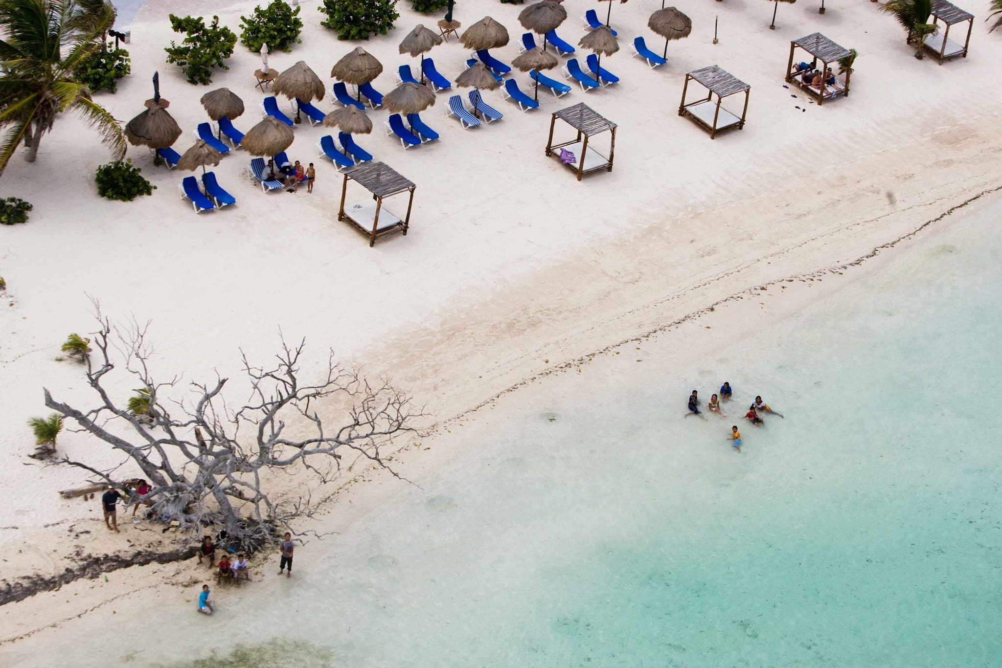 Camastros y palapas en la arena de Mahahual